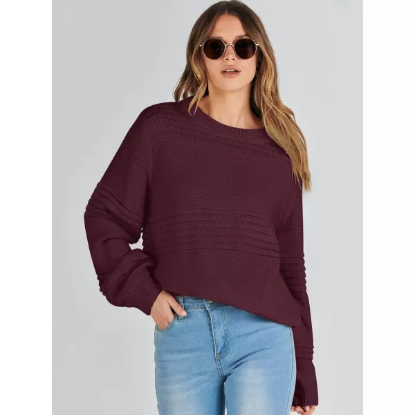 imageANRABESS Women Crew Neck Long Sleeve Sweater 2023 Fall Casual Cable Ribbed Knit Pullover Jumper TopsBurgundy