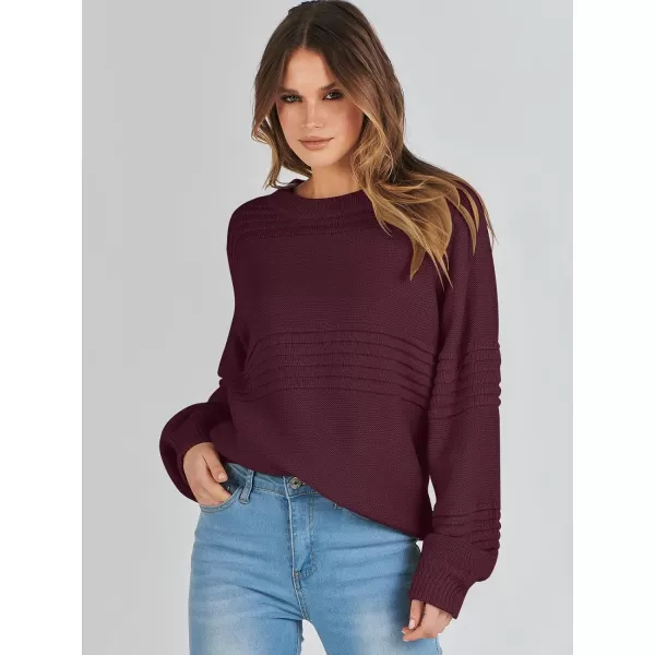 imageANRABESS Women Crew Neck Long Sleeve Sweater 2023 Fall Casual Cable Ribbed Knit Pullover Jumper TopsBurgundy