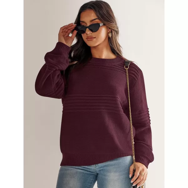 imageANRABESS Women Crew Neck Long Sleeve Sweater 2023 Fall Casual Cable Ribbed Knit Pullover Jumper TopsBurgundy
