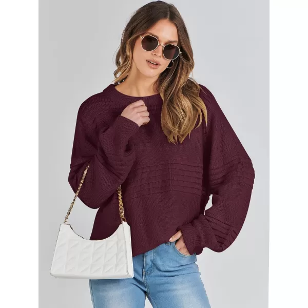 imageANRABESS Women Crew Neck Long Sleeve Sweater 2023 Fall Casual Cable Ribbed Knit Pullover Jumper TopsBurgundy