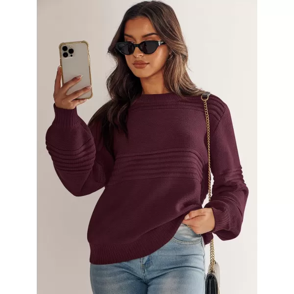 imageANRABESS Women Crew Neck Long Sleeve Sweater 2023 Fall Casual Cable Ribbed Knit Pullover Jumper TopsBurgundy