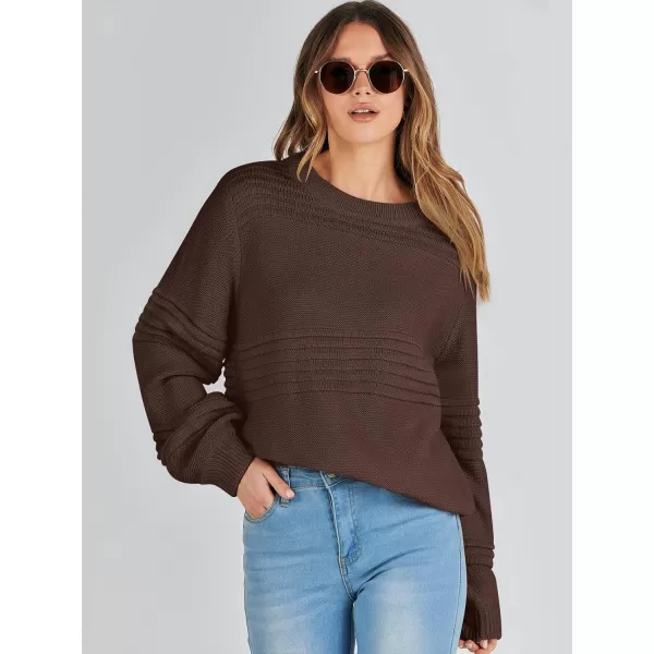 imageANRABESS Women Crew Neck Long Sleeve Sweater 2023 Fall Casual Cable Ribbed Knit Pullover Jumper TopsCoffee