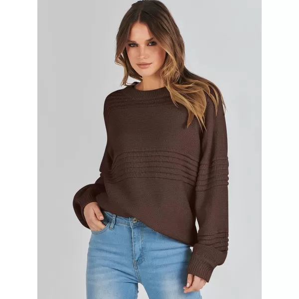 imageANRABESS Women Crew Neck Long Sleeve Sweater 2023 Fall Casual Cable Ribbed Knit Pullover Jumper TopsCoffee