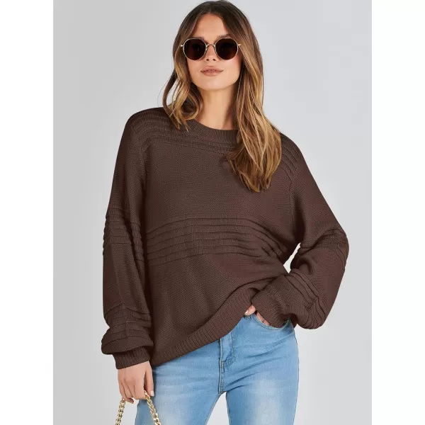 imageANRABESS Women Crew Neck Long Sleeve Sweater 2023 Fall Casual Cable Ribbed Knit Pullover Jumper TopsCoffee