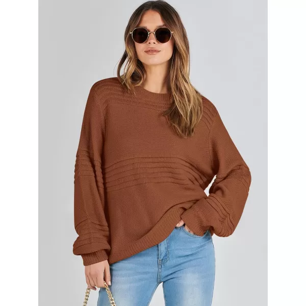 imageANRABESS Women Crew Neck Long Sleeve Sweater 2023 Fall Casual Cable Ribbed Knit Pullover Jumper TopsRust