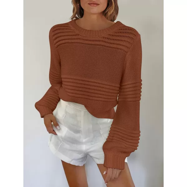 imageANRABESS Women Crew Neck Long Sleeve Sweater 2023 Fall Casual Cable Ribbed Knit Pullover Jumper TopsRust