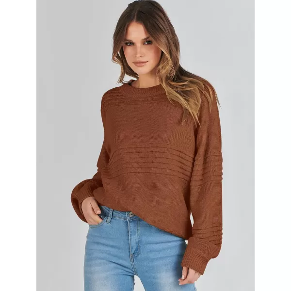 imageANRABESS Women Crew Neck Long Sleeve Sweater 2023 Fall Casual Cable Ribbed Knit Pullover Jumper TopsRust