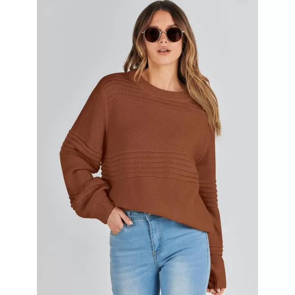 imageANRABESS Women Crew Neck Long Sleeve Sweater 2023 Fall Casual Cable Ribbed Knit Pullover Jumper TopsRust