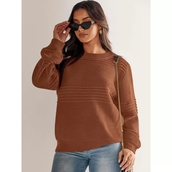imageANRABESS Women Crew Neck Long Sleeve Sweater 2023 Fall Casual Cable Ribbed Knit Pullover Jumper TopsRust