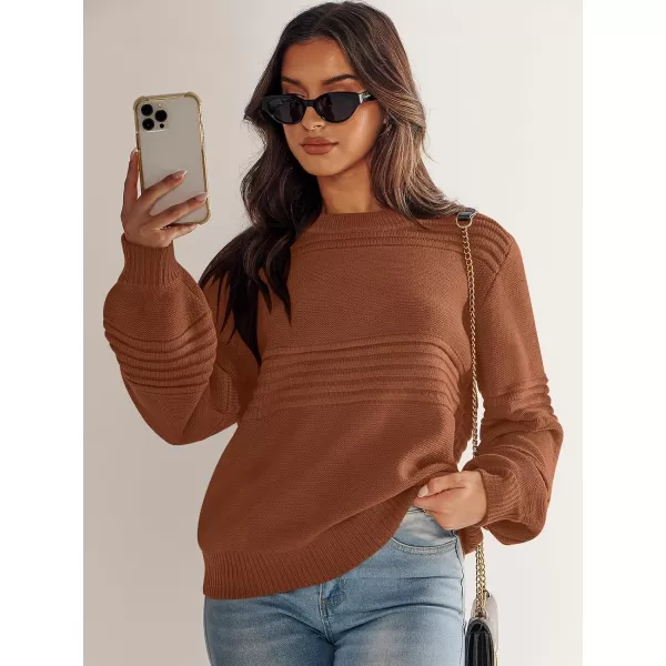 imageANRABESS Women Crew Neck Long Sleeve Sweater 2023 Fall Casual Cable Ribbed Knit Pullover Jumper TopsRust