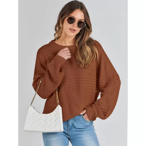 imageANRABESS Women Crew Neck Long Sleeve Sweater 2023 Fall Casual Cable Ribbed Knit Pullover Jumper TopsRust