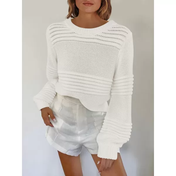 imageANRABESS Women Crew Neck Long Sleeve Sweater 2023 Fall Casual Cable Ribbed Knit Pullover Jumper TopsWhite