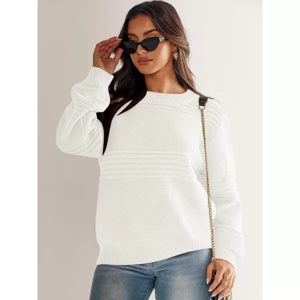 imageANRABESS Women Crew Neck Long Sleeve Sweater 2023 Fall Casual Cable Ribbed Knit Pullover Jumper TopsWhite