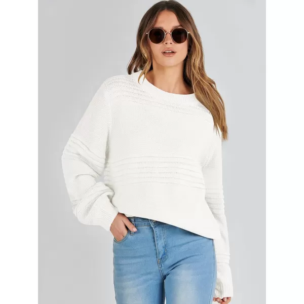 imageANRABESS Women Crew Neck Long Sleeve Sweater 2023 Fall Casual Cable Ribbed Knit Pullover Jumper TopsWhite