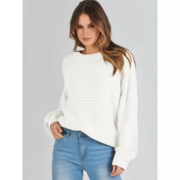 imageANRABESS Women Crew Neck Long Sleeve Sweater 2023 Fall Casual Cable Ribbed Knit Pullover Jumper TopsWhite
