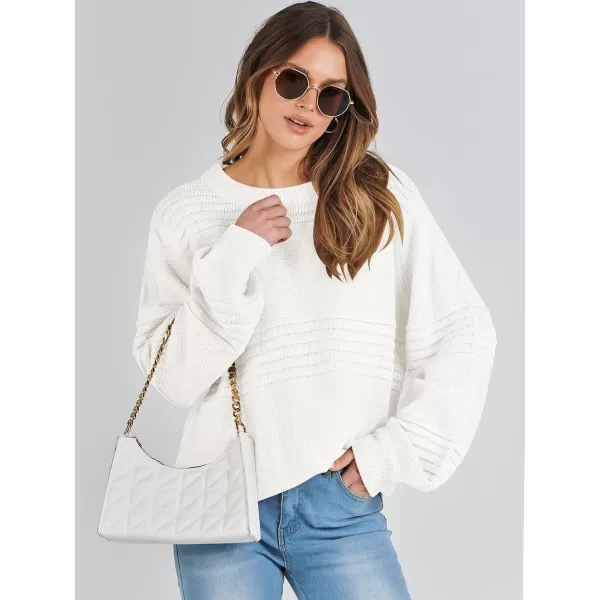 imageANRABESS Women Crew Neck Long Sleeve Sweater 2023 Fall Casual Cable Ribbed Knit Pullover Jumper TopsWhite