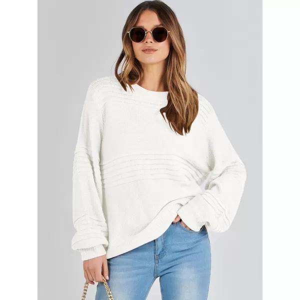 imageANRABESS Women Crew Neck Long Sleeve Sweater 2023 Fall Casual Cable Ribbed Knit Pullover Jumper TopsWhite