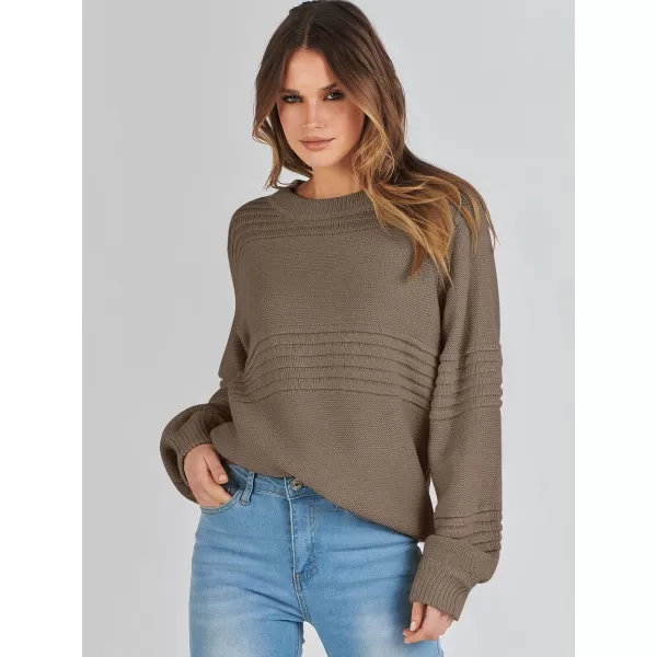 imageANRABESS Women Crew Neck Long Sleeve Sweater 2023 Winter Casual Cable Ribbed Knit Pullover Jumper TopsBrown