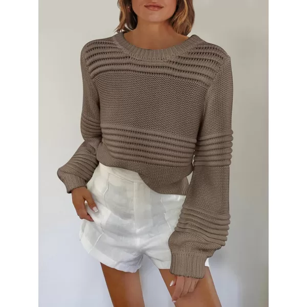imageANRABESS Women Crew Neck Long Sleeve Sweater 2023 Winter Casual Cable Ribbed Knit Pullover Jumper TopsBrown