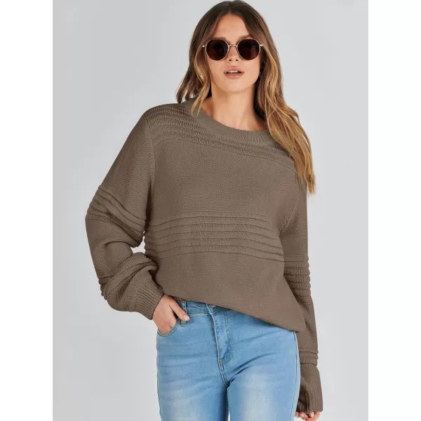 imageANRABESS Women Crew Neck Long Sleeve Sweater 2023 Winter Casual Cable Ribbed Knit Pullover Jumper TopsBrown