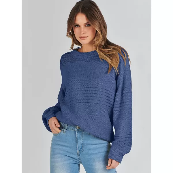 imageANRABESS Women Crew Neck Long Sleeve Sweater 2023 Winter Casual Cable Ribbed Knit Pullover Jumper TopsNavy Blue