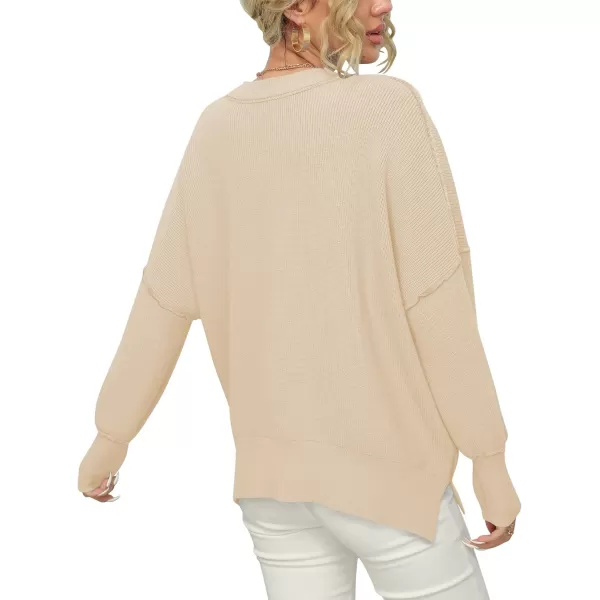 imageANRABESS Women Crewneck Batwing Sleeve 2023 Fall Oversized Side Slit Ribbed Knit Pullover Sweater TopApricot