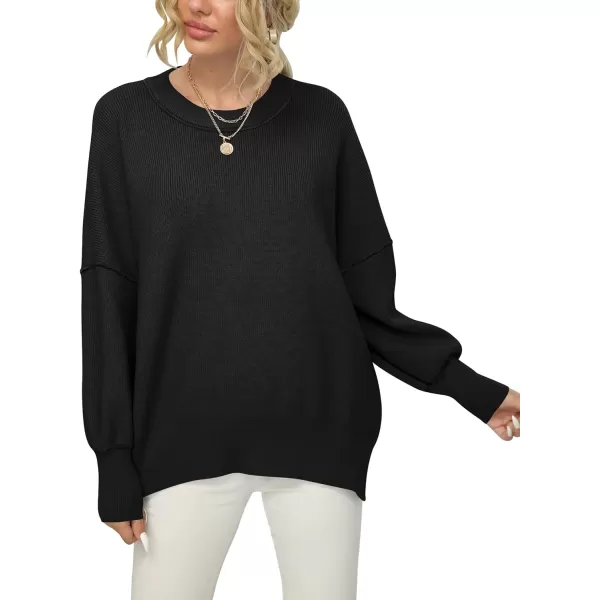 imageANRABESS Women Crewneck Batwing Sleeve 2023 Fall Oversized Side Slit Ribbed Knit Pullover Sweater TopBlack