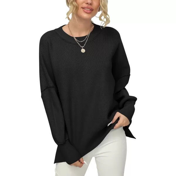imageANRABESS Women Crewneck Batwing Sleeve 2023 Fall Oversized Side Slit Ribbed Knit Pullover Sweater TopBlack