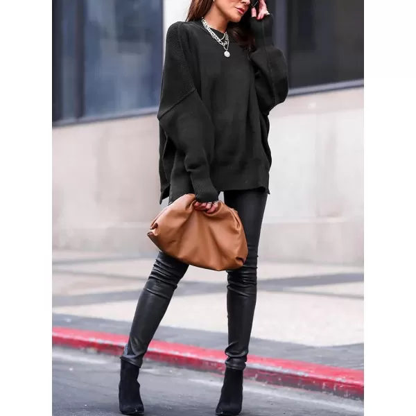 imageANRABESS Women Crewneck Batwing Sleeve 2023 Fall Oversized Side Slit Ribbed Knit Pullover Sweater TopBlack