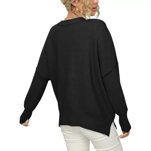 imageANRABESS Women Crewneck Batwing Sleeve 2023 Fall Oversized Side Slit Ribbed Knit Pullover Sweater TopBlack