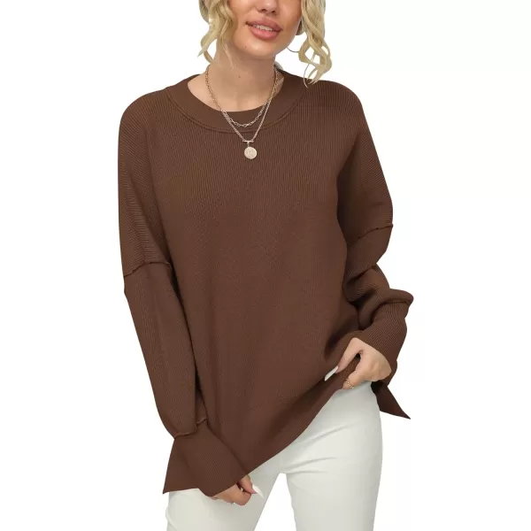 imageANRABESS Women Crewneck Batwing Sleeve 2023 Fall Oversized Side Slit Ribbed Knit Pullover Sweater TopCoffee