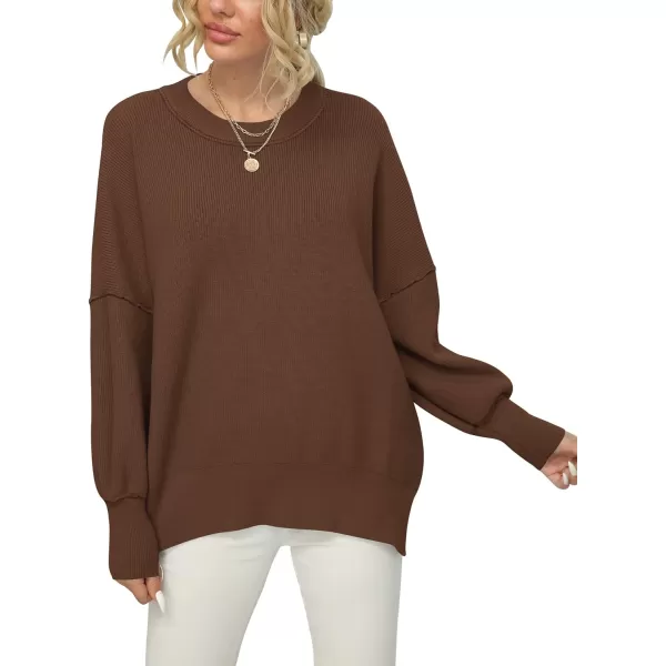 imageANRABESS Women Crewneck Batwing Sleeve 2023 Fall Oversized Side Slit Ribbed Knit Pullover Sweater TopCoffee