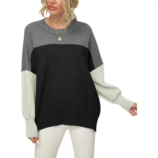 imageANRABESS Women Crewneck Batwing Sleeve 2023 Fall Oversized Side Slit Ribbed Knit Pullover Sweater TopColorblock Classic