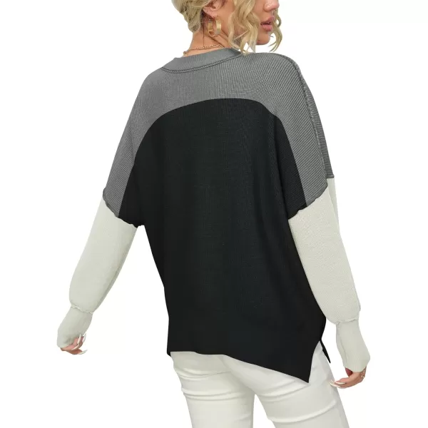 imageANRABESS Women Crewneck Batwing Sleeve 2023 Fall Oversized Side Slit Ribbed Knit Pullover Sweater TopColorblock Classic