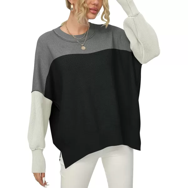 imageANRABESS Women Crewneck Batwing Sleeve 2023 Fall Oversized Side Slit Ribbed Knit Pullover Sweater TopColorblock Classic