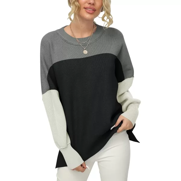imageANRABESS Women Crewneck Batwing Sleeve 2023 Fall Oversized Side Slit Ribbed Knit Pullover Sweater TopColorblock Classic