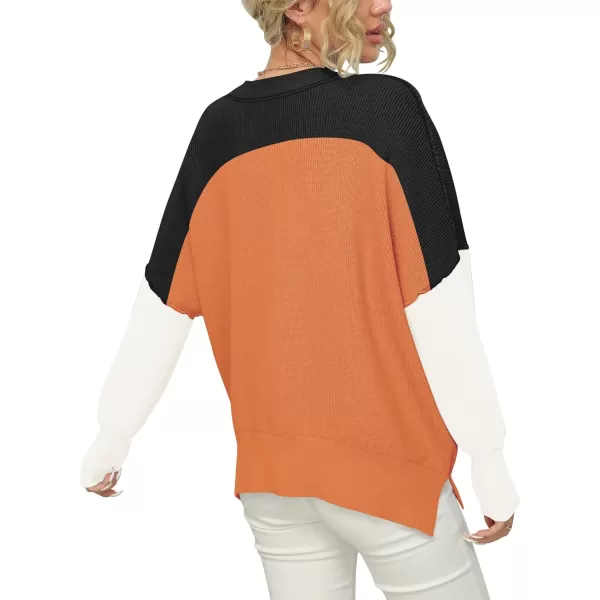 imageANRABESS Women Crewneck Batwing Sleeve 2023 Fall Oversized Side Slit Ribbed Knit Pullover Sweater TopColorblock Orange