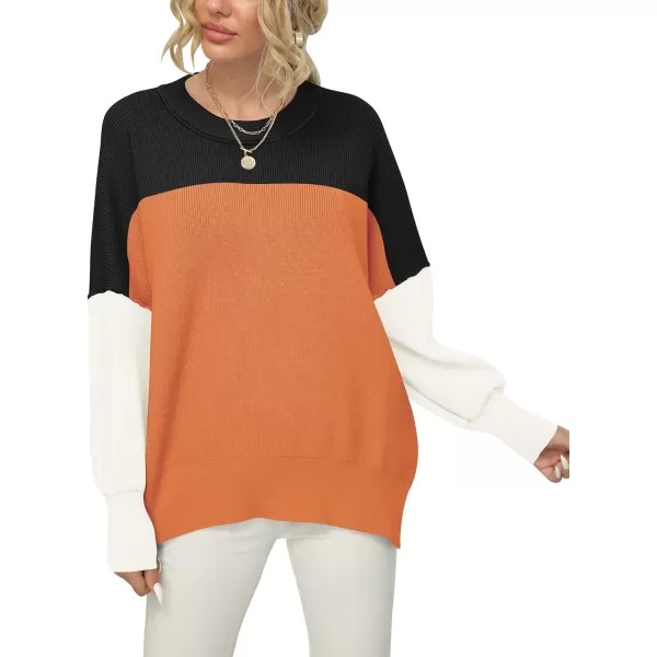 imageANRABESS Women Crewneck Batwing Sleeve 2023 Fall Oversized Side Slit Ribbed Knit Pullover Sweater TopColorblock Orange