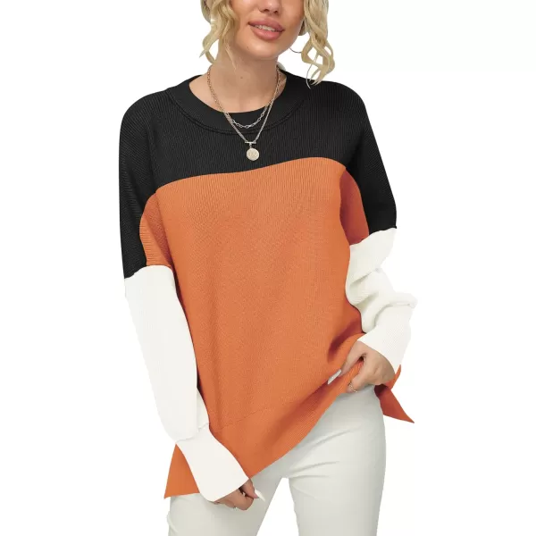 imageANRABESS Women Crewneck Batwing Sleeve 2023 Fall Oversized Side Slit Ribbed Knit Pullover Sweater TopColorblock Orange