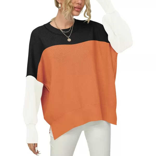 imageANRABESS Women Crewneck Batwing Sleeve 2023 Fall Oversized Side Slit Ribbed Knit Pullover Sweater TopColorblock Orange
