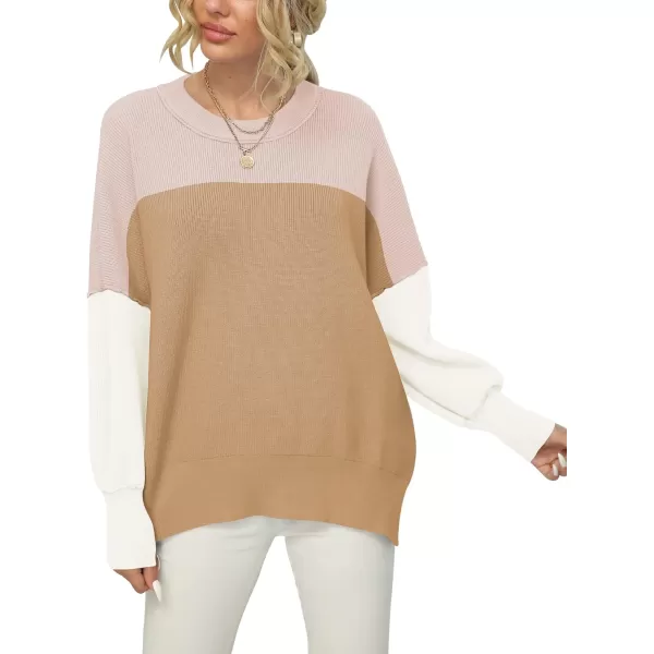imageANRABESS Women Crewneck Batwing Sleeve 2023 Fall Oversized Side Slit Ribbed Knit Pullover Sweater TopColorblock Pink