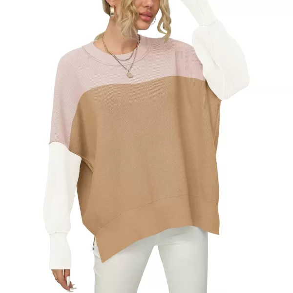 imageANRABESS Women Crewneck Batwing Sleeve 2023 Fall Oversized Side Slit Ribbed Knit Pullover Sweater TopColorblock Pink