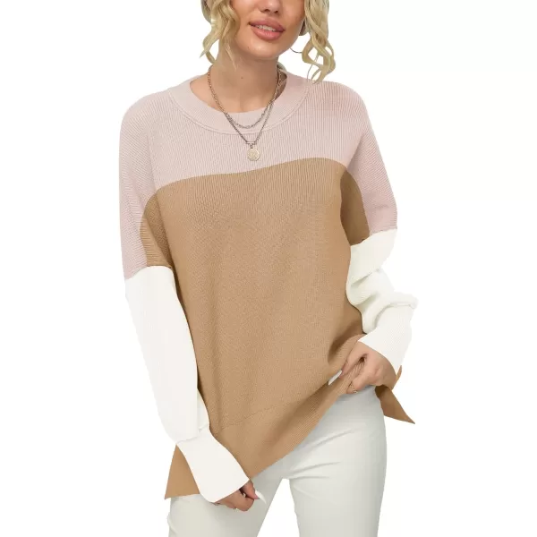 imageANRABESS Women Crewneck Batwing Sleeve 2023 Fall Oversized Side Slit Ribbed Knit Pullover Sweater TopColorblock Pink
