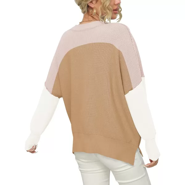 imageANRABESS Women Crewneck Batwing Sleeve 2023 Fall Oversized Side Slit Ribbed Knit Pullover Sweater TopColorblock Pink