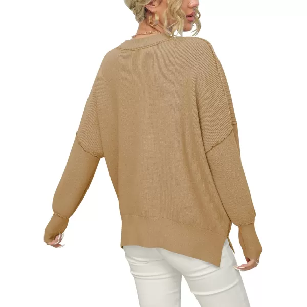 imageANRABESS Women Crewneck Batwing Sleeve 2023 Fall Oversized Side Slit Ribbed Knit Pullover Sweater TopDeep Apricot