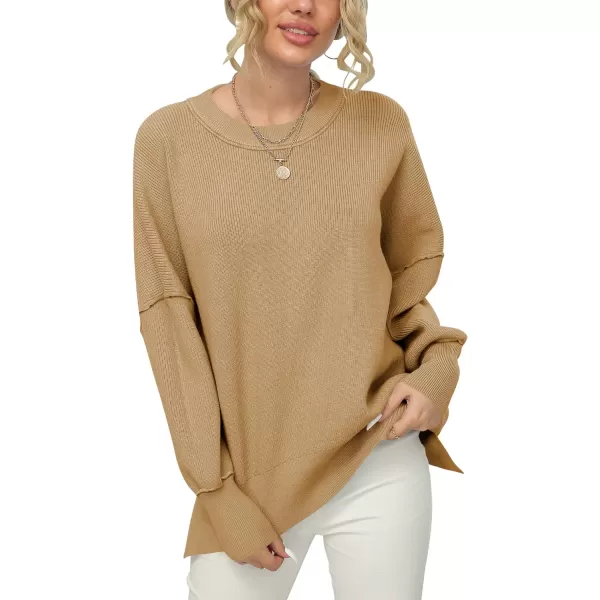 imageANRABESS Women Crewneck Batwing Sleeve 2023 Fall Oversized Side Slit Ribbed Knit Pullover Sweater TopDeep Apricot