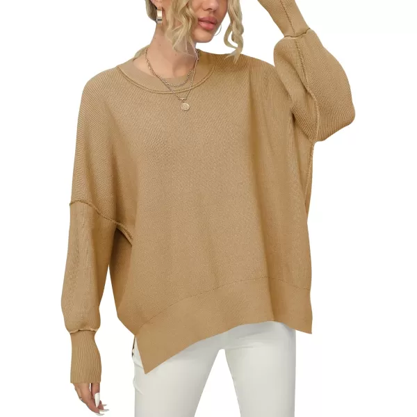 imageANRABESS Women Crewneck Batwing Sleeve 2023 Fall Oversized Side Slit Ribbed Knit Pullover Sweater TopDeep Apricot