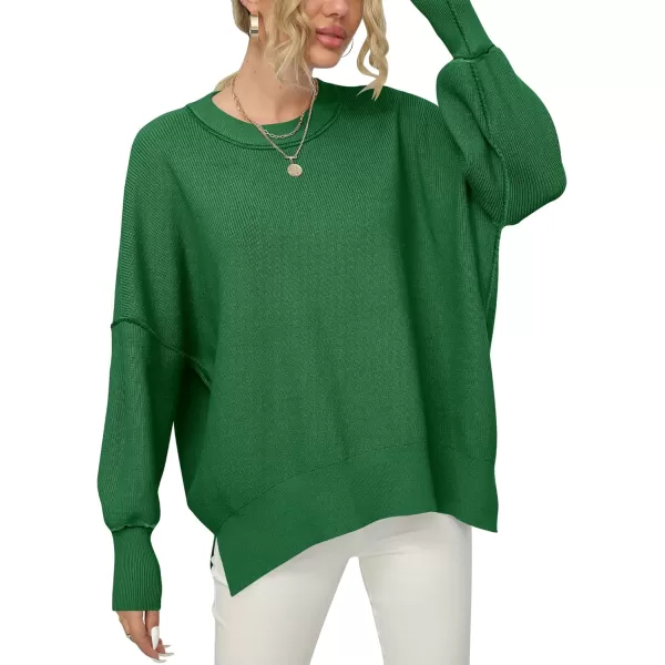 imageANRABESS Women Crewneck Batwing Sleeve 2023 Fall Oversized Side Slit Ribbed Knit Pullover Sweater TopForest