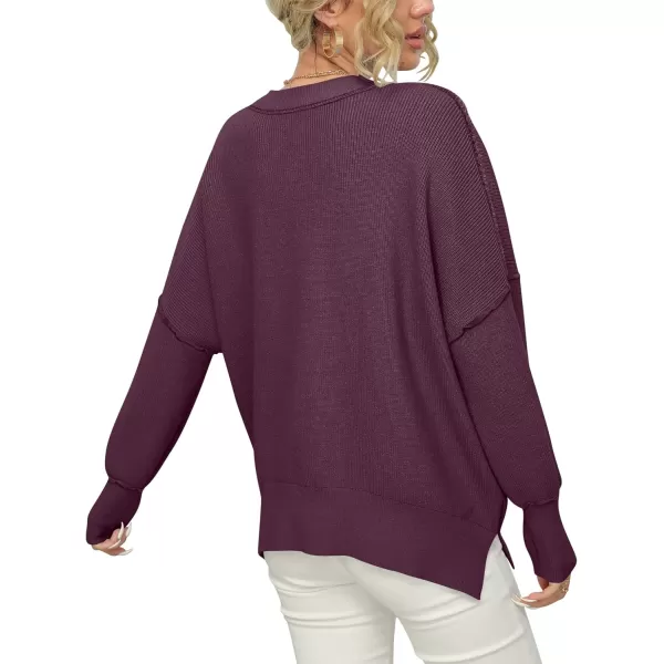 imageANRABESS Women Crewneck Batwing Sleeve 2023 Fall Oversized Side Slit Ribbed Knit Pullover Sweater TopFuchsia