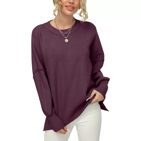 imageANRABESS Women Crewneck Batwing Sleeve 2023 Fall Oversized Side Slit Ribbed Knit Pullover Sweater TopFuchsia